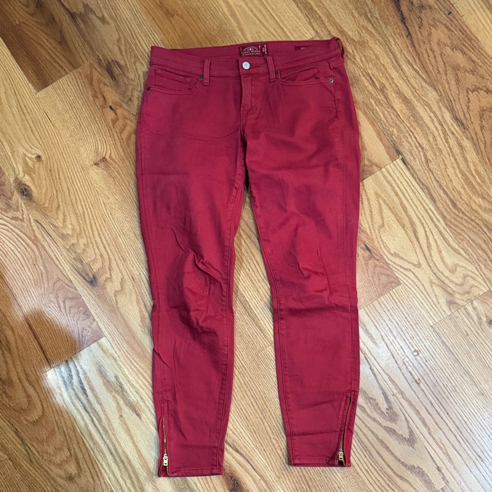 Red Skinny Jeans with Zipper Detail